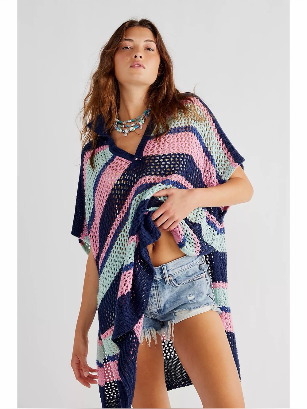 Free People Bayside Stripe Crochet Poncho - Picture 1 of 7